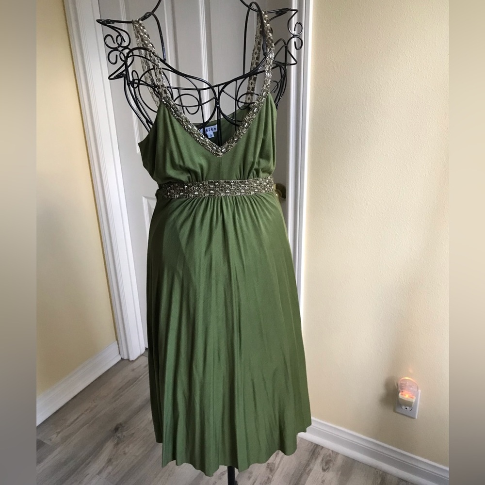 HOST PICK 🎊Akiko Olive Green Beaded Cocktail/Party Dress Midi Size Small